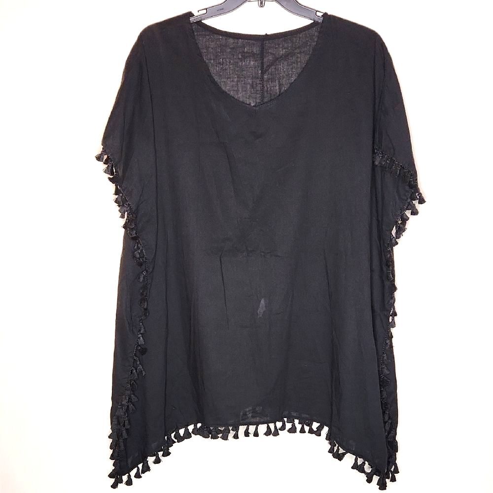Black Poncho Top with Tassels as fringe and Side Seam Women's Size L